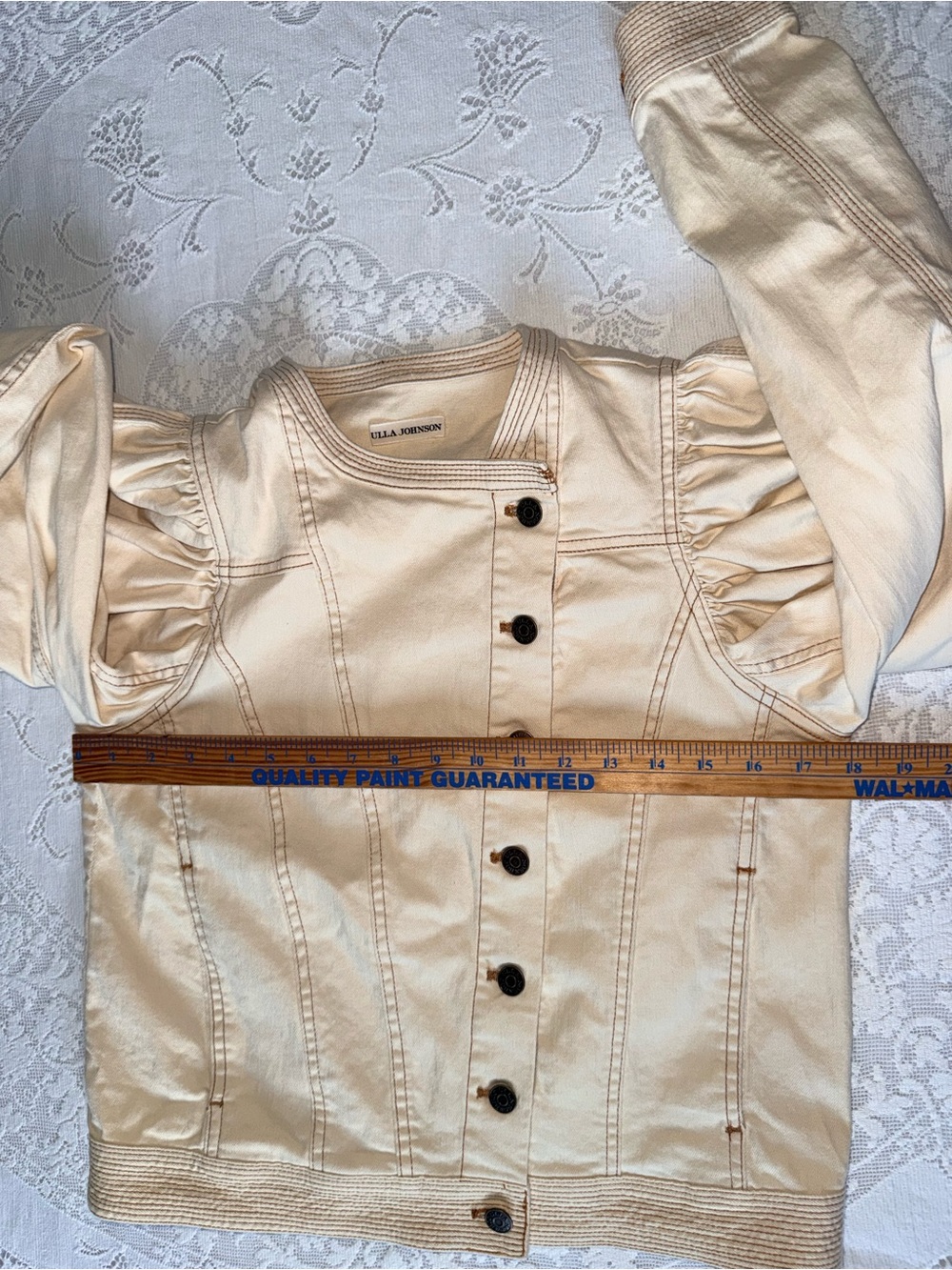 Ulla Johnson Cream Cosette Denim Jacket Puff Sleeve Contrast Stitch Size S - Picture 10 of 15